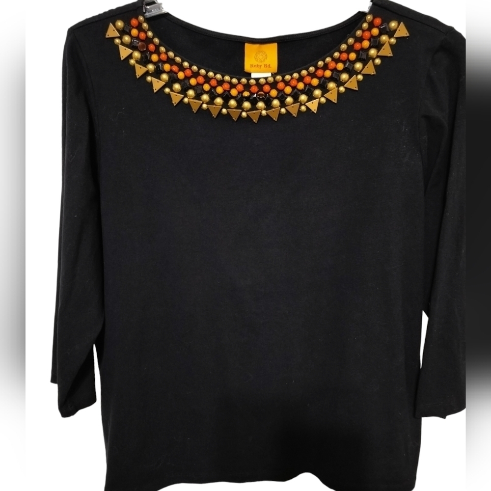 (1552) Ruby Rd Black 3/4 Sleeve Colorful  Beaded Top Sized XL